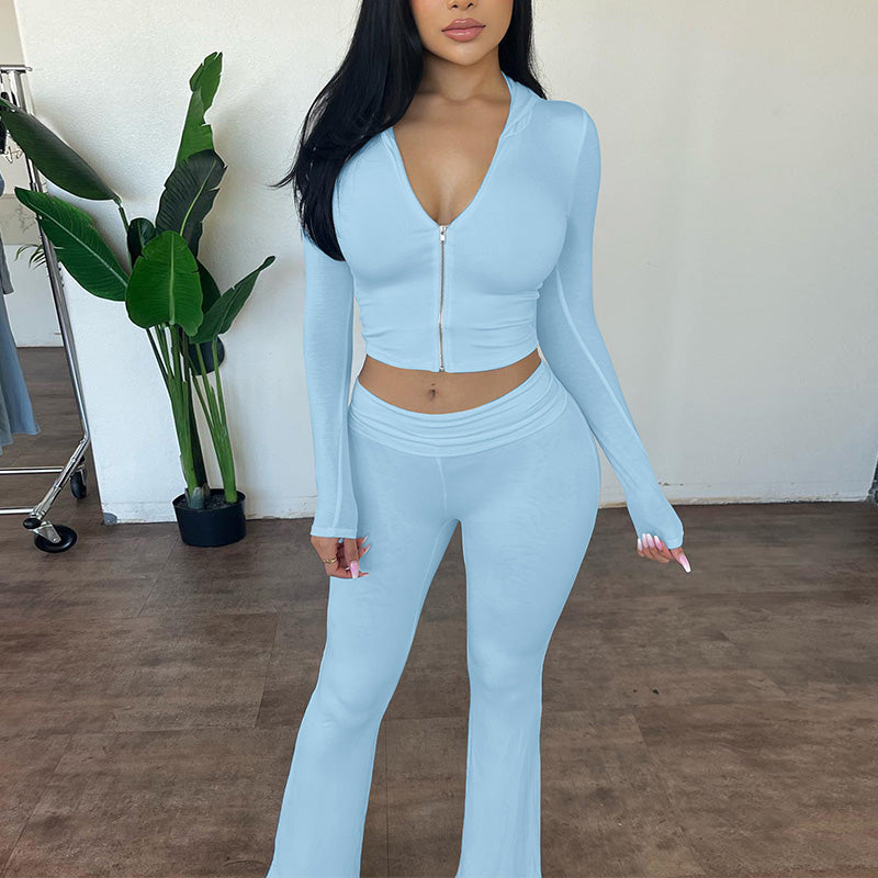 Zip Up Hooded Crop Top & High Waist Flare Leg Pants Set