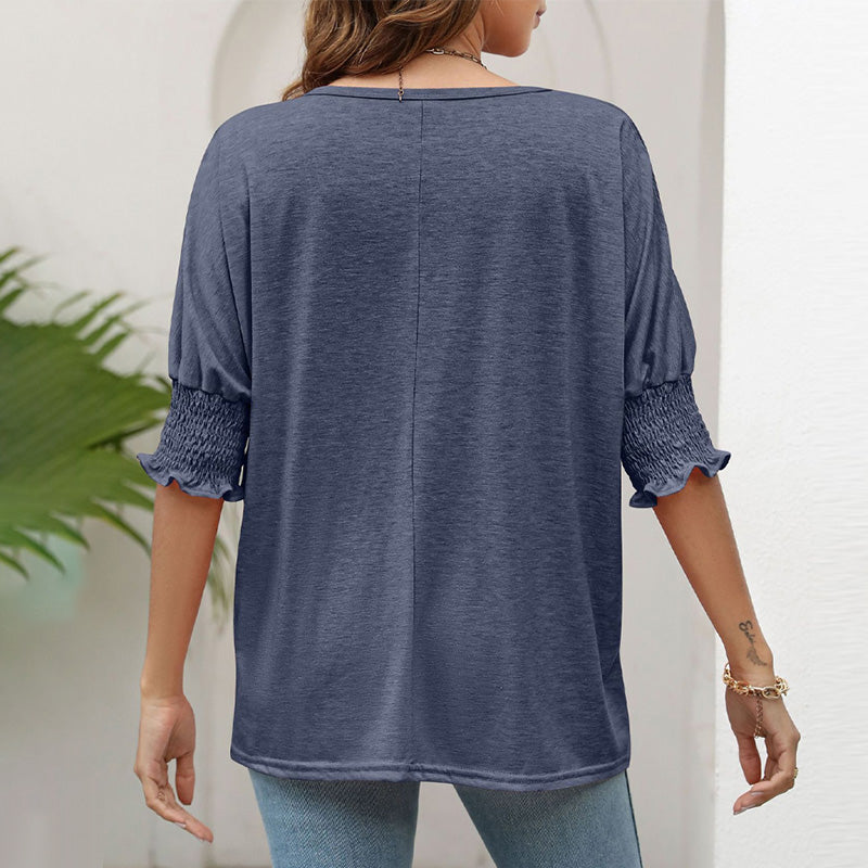 Women's Plain Frill Trim Shirred Bishop Sleeve Tee