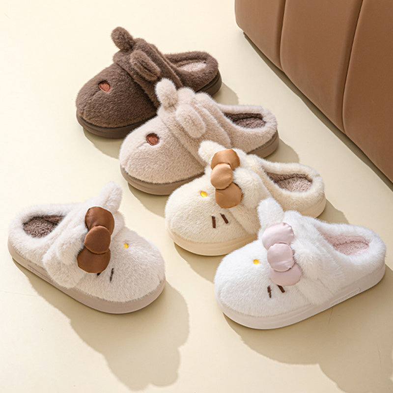 Cute Cartoon Embroidery Bow Decor Plush Slippers