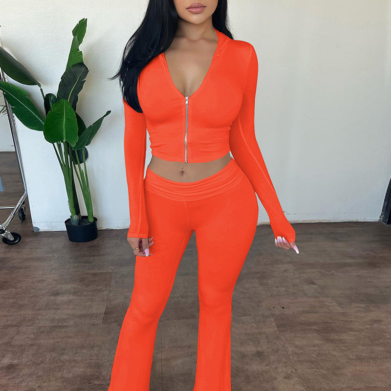 Zip Up Hooded Crop Top & High Waist Flare Leg Pants Set