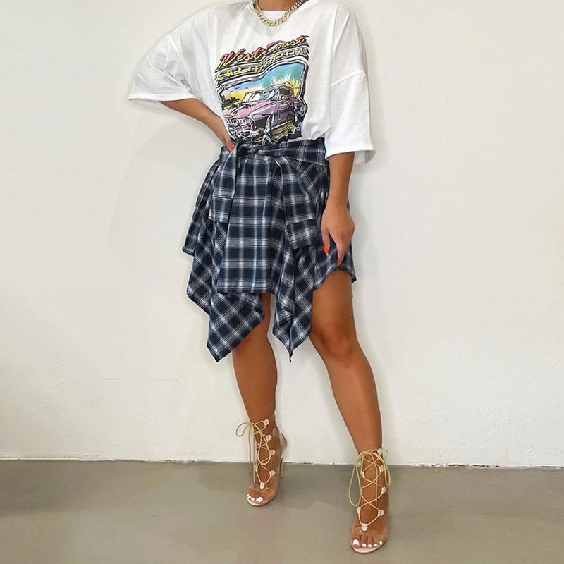 Women's Plaid Print Asymmetrical Hem Skirt