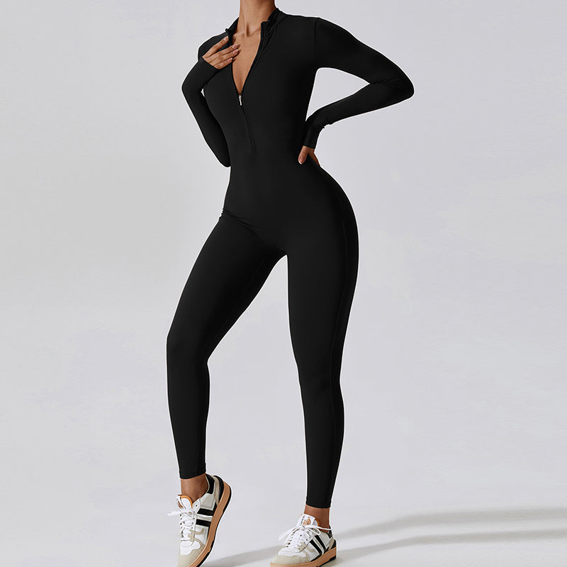 Women's Solid Zip Up Long Sleeve Sports Jumpsuit