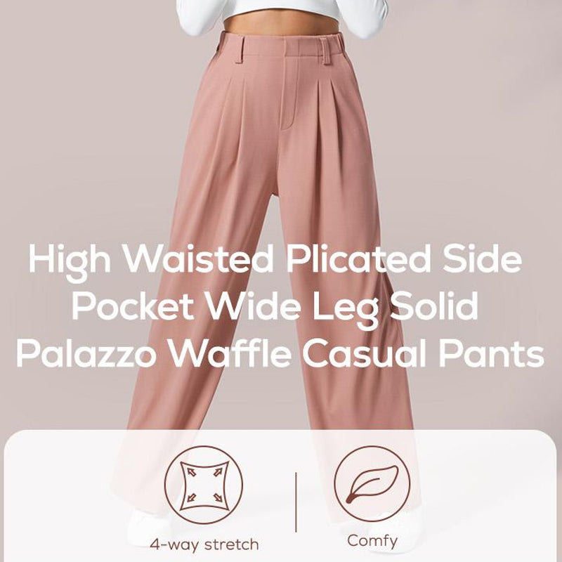 High Waisted Plicated Side Pocket Wide Leg Casual Pants