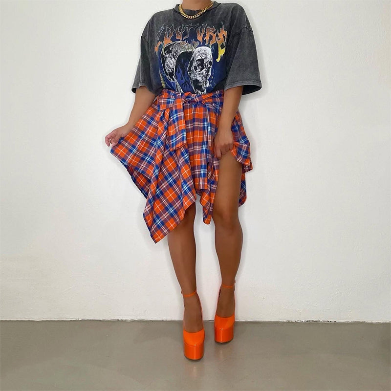 Women's Plaid Print Asymmetrical Hem Skirt