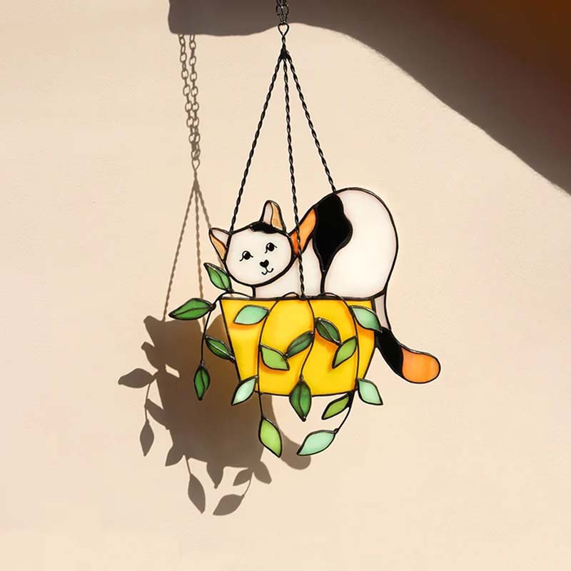 Cat in a flowerpot Suncatcher Stained Glass Window Hangins