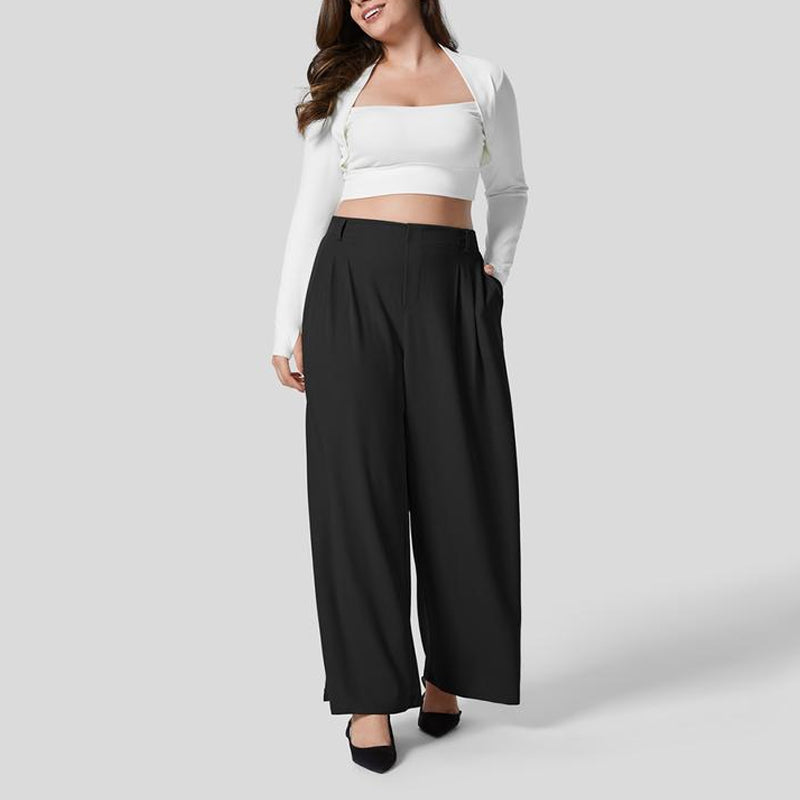 High Waisted Plicated Side Pocket Wide Leg Casual Pants