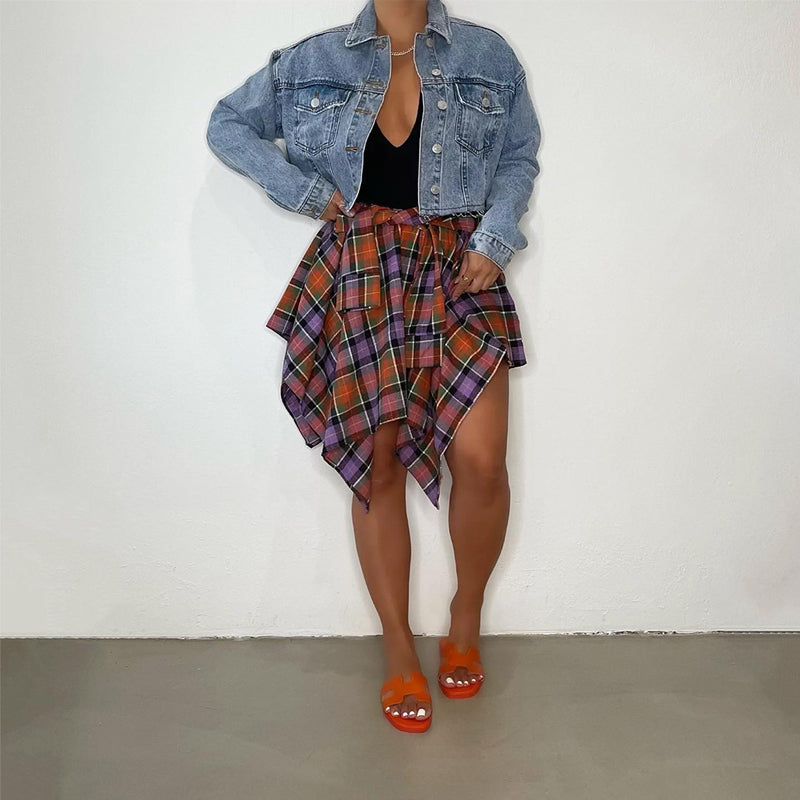 Women's Plaid Print Asymmetrical Hem Skirt