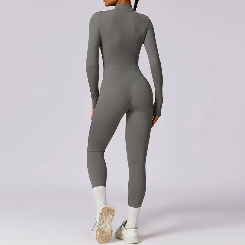 Women's Solid Zip Up Long Sleeve Sports Jumpsuit