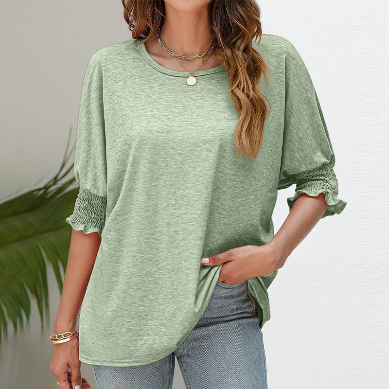 Women's Plain Frill Trim Shirred Bishop Sleeve Tee