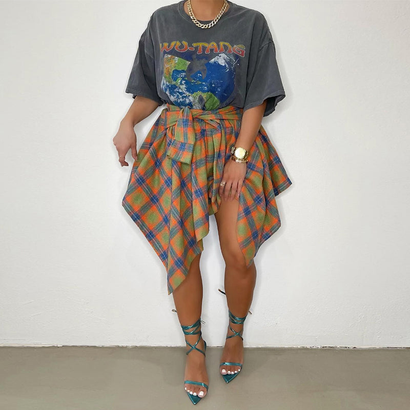 Women's Plaid Print Asymmetrical Hem Skirt