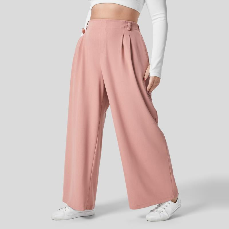 High Waisted Plicated Side Pocket Wide Leg Casual Pants