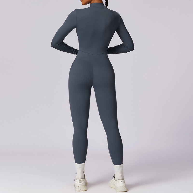 Women's Solid Zip Up Long Sleeve Sports Jumpsuit