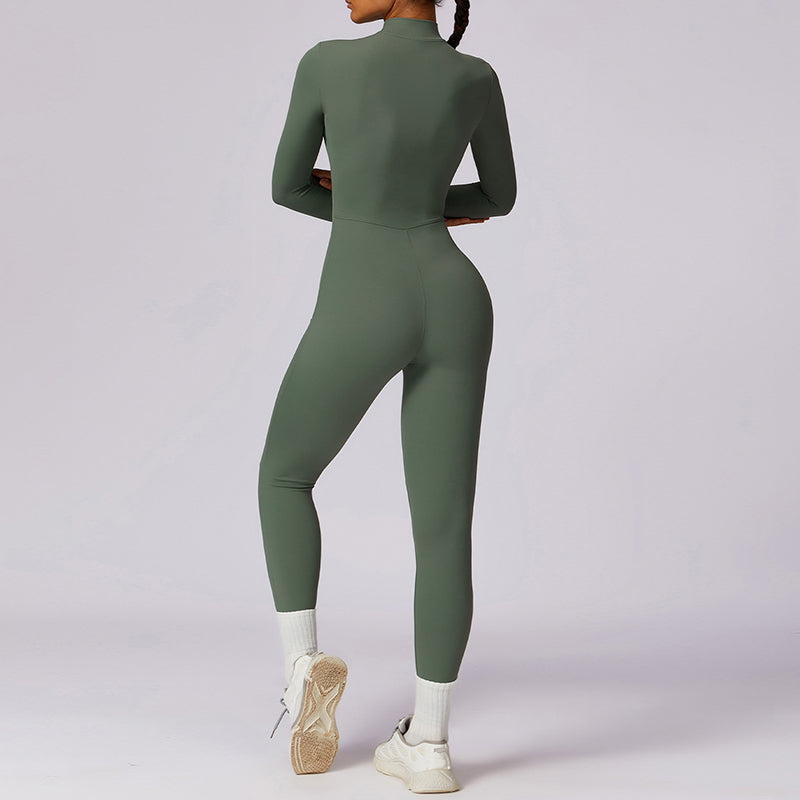 Women's Solid Zip Up Long Sleeve Sports Jumpsuit