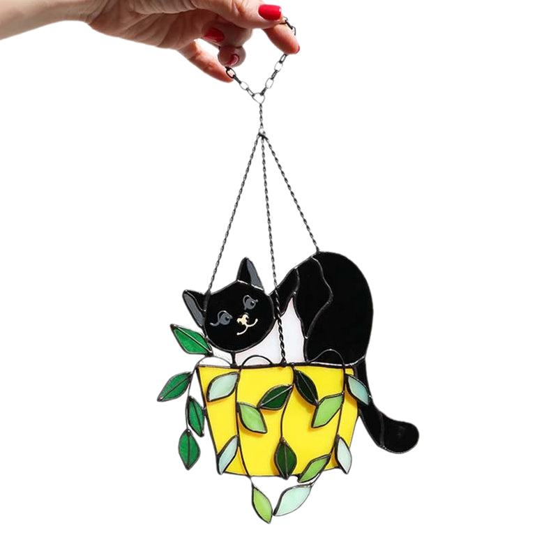 Cat in a flowerpot Suncatcher Stained Glass Window Hangins