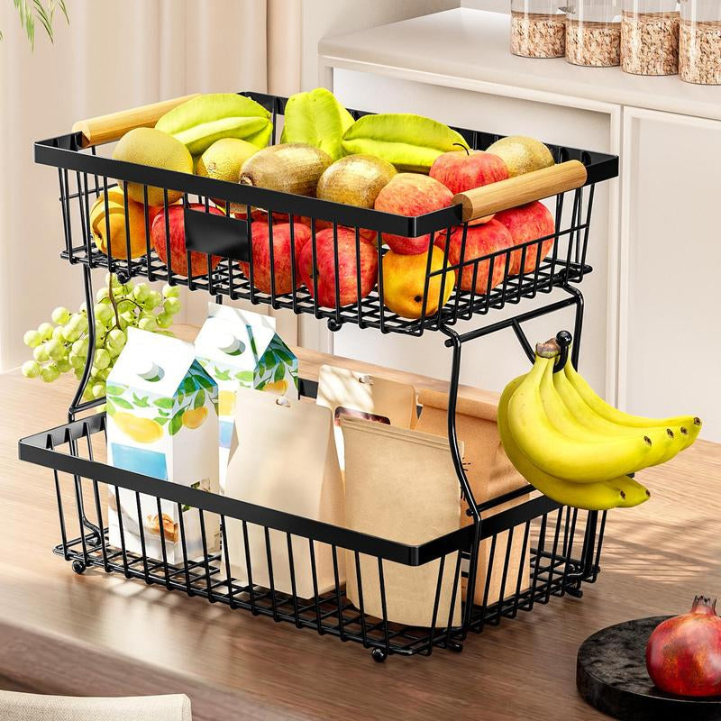 2-Tier Metal Fruit & Vegetable Storage Rack with Hooks