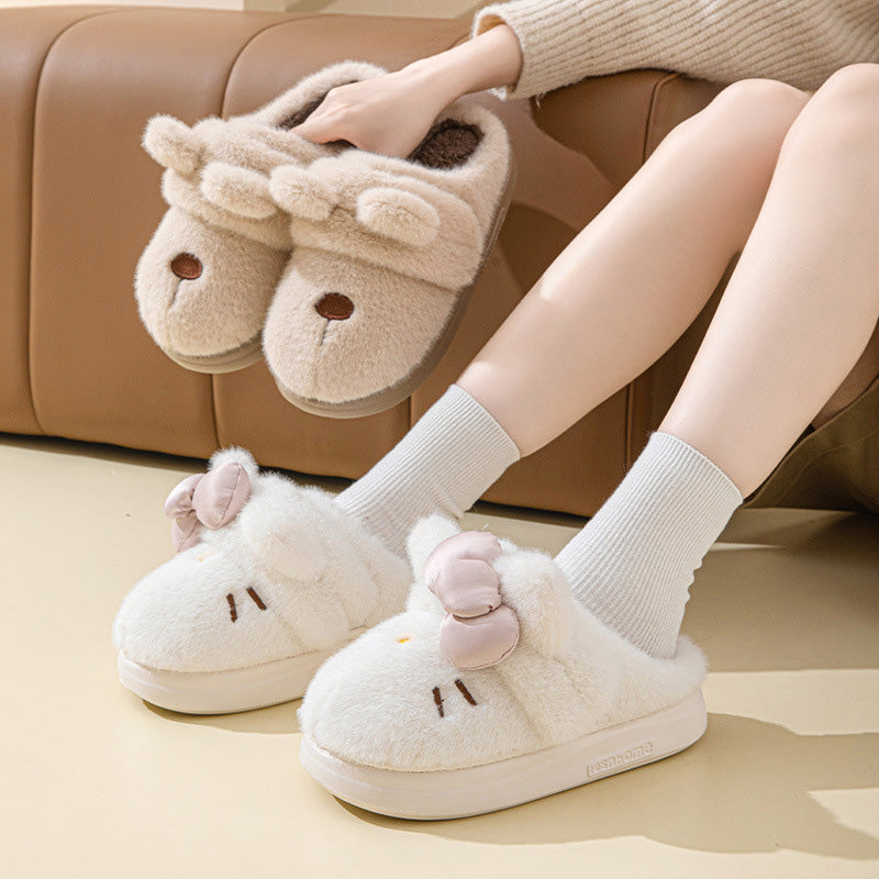 Cute Cartoon Embroidery Bow Decor Plush Slippers