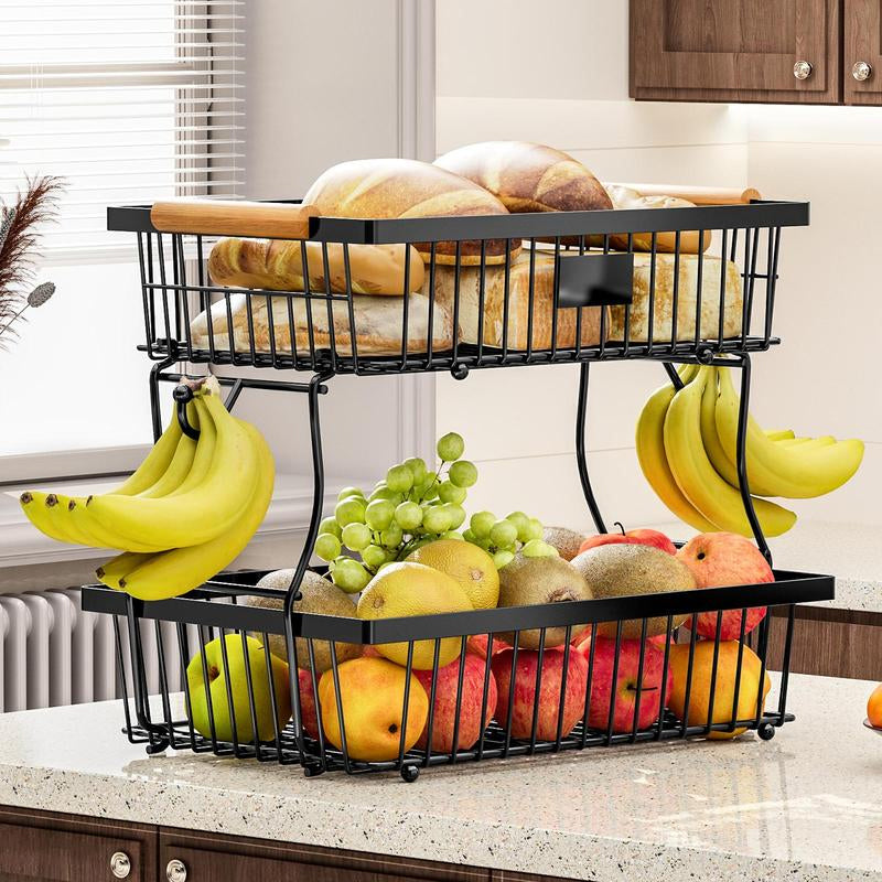 2-Tier Metal Fruit & Vegetable Storage Rack with Hooks