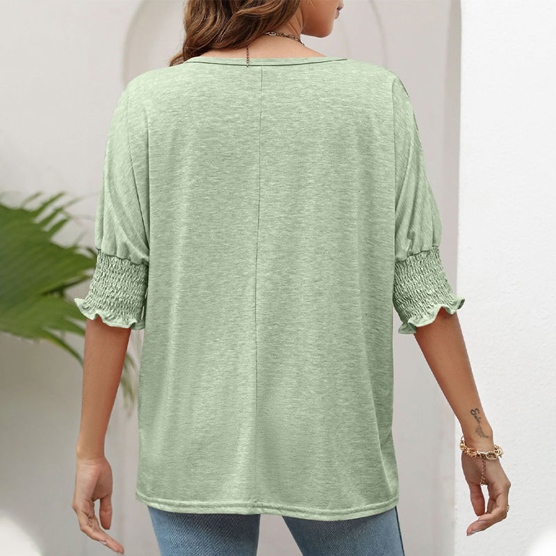 Women's Plain Frill Trim Shirred Bishop Sleeve Tee