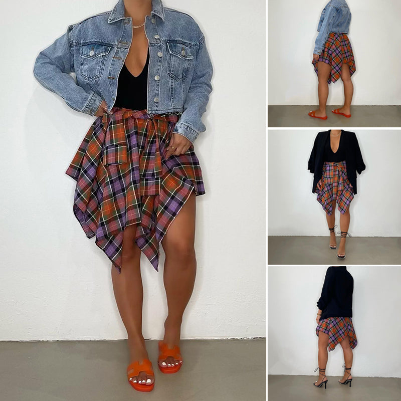 Women's Plaid Print Asymmetrical Hem Skirt