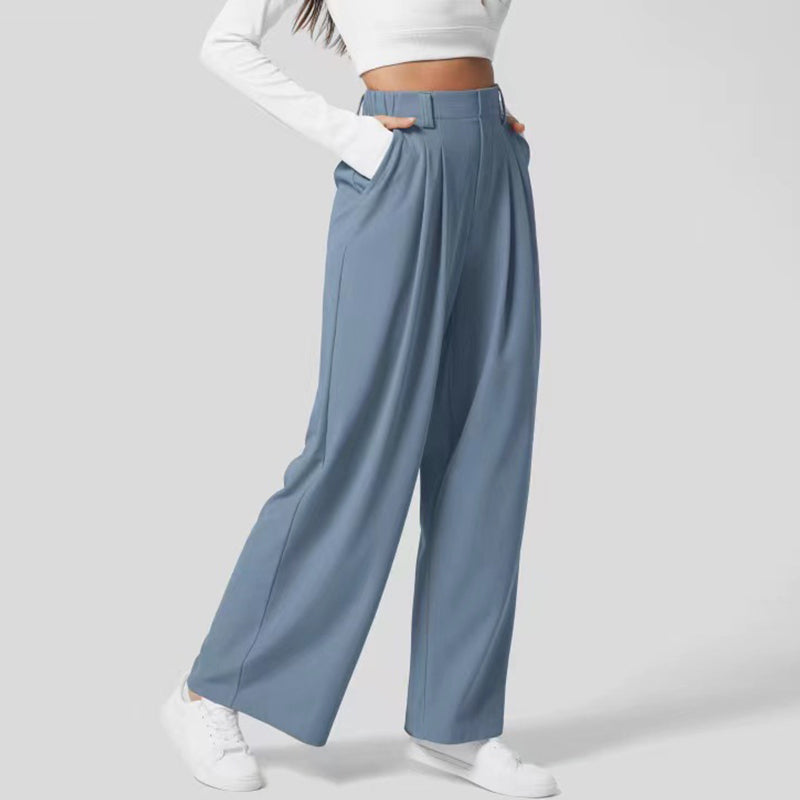 High Waisted Plicated Side Pocket Wide Leg Casual Pants