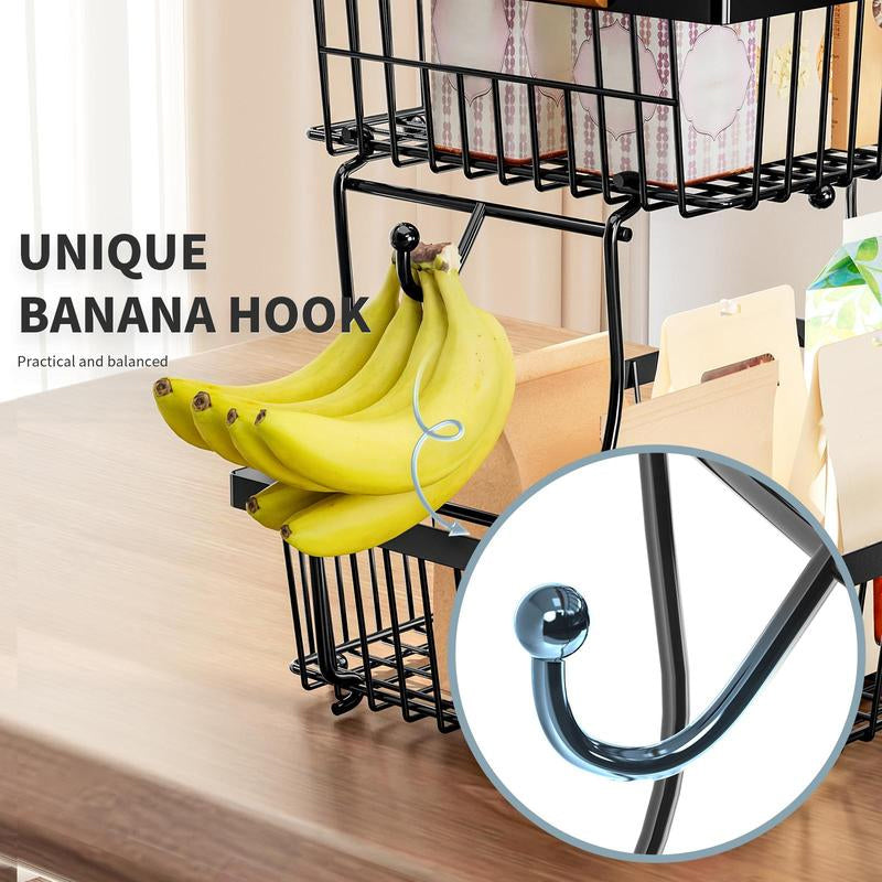 2-Tier Metal Fruit & Vegetable Storage Rack with Hooks