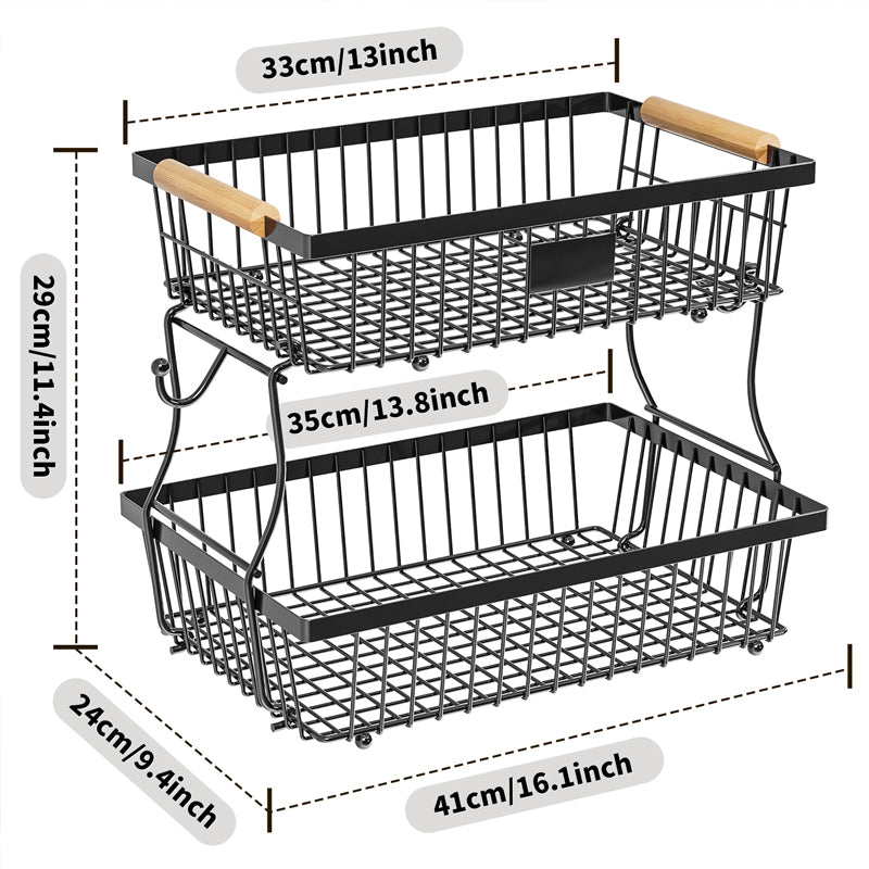 2-Tier Metal Fruit & Vegetable Storage Rack with Hooks