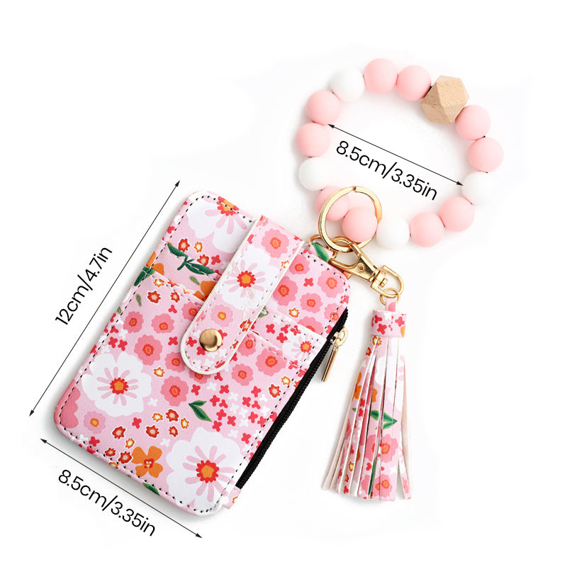 Floral leather small wallet with keychain and bracelet