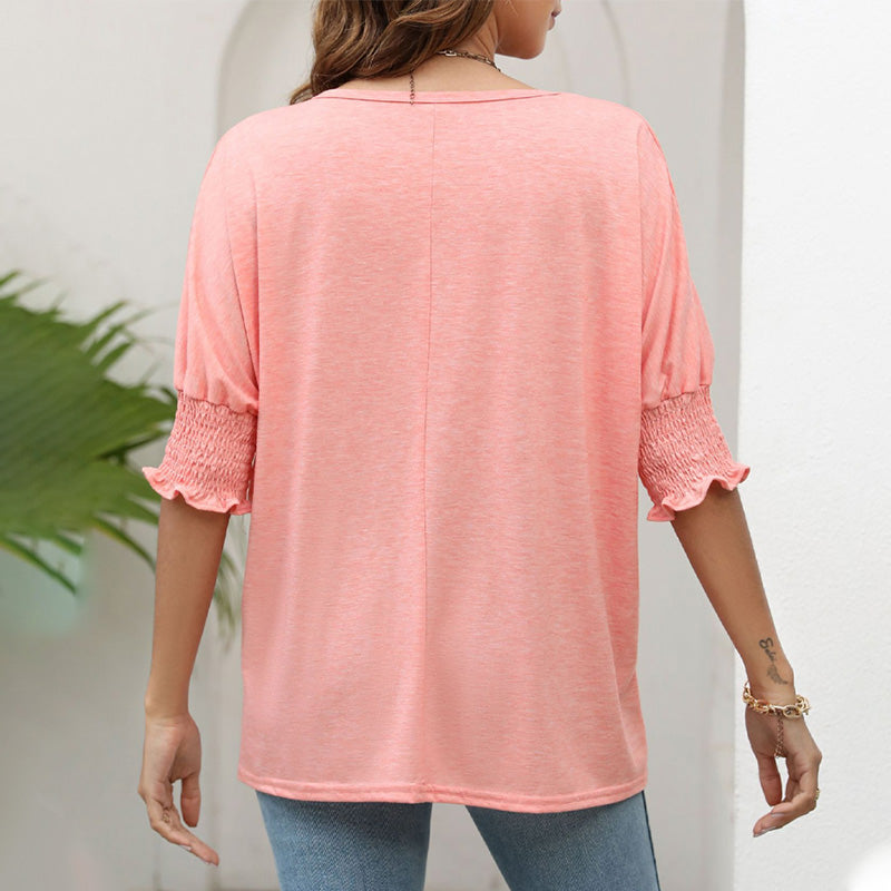 Women's Plain Frill Trim Shirred Bishop Sleeve Tee