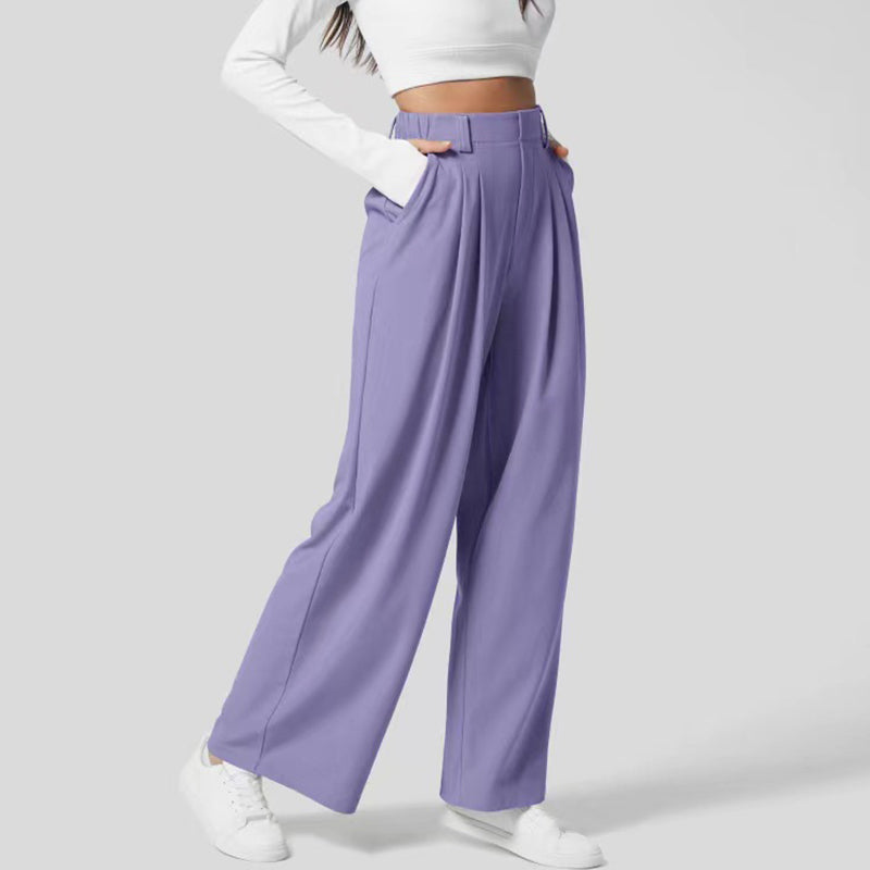 High Waisted Plicated Side Pocket Wide Leg Casual Pants