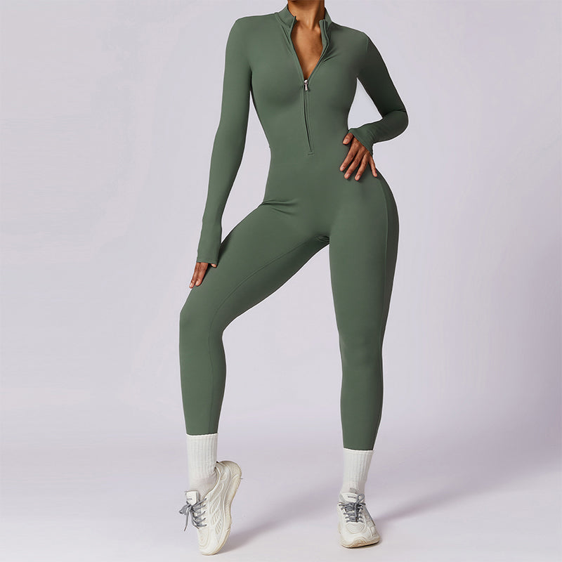 Women's Solid Zip Up Long Sleeve Sports Jumpsuit