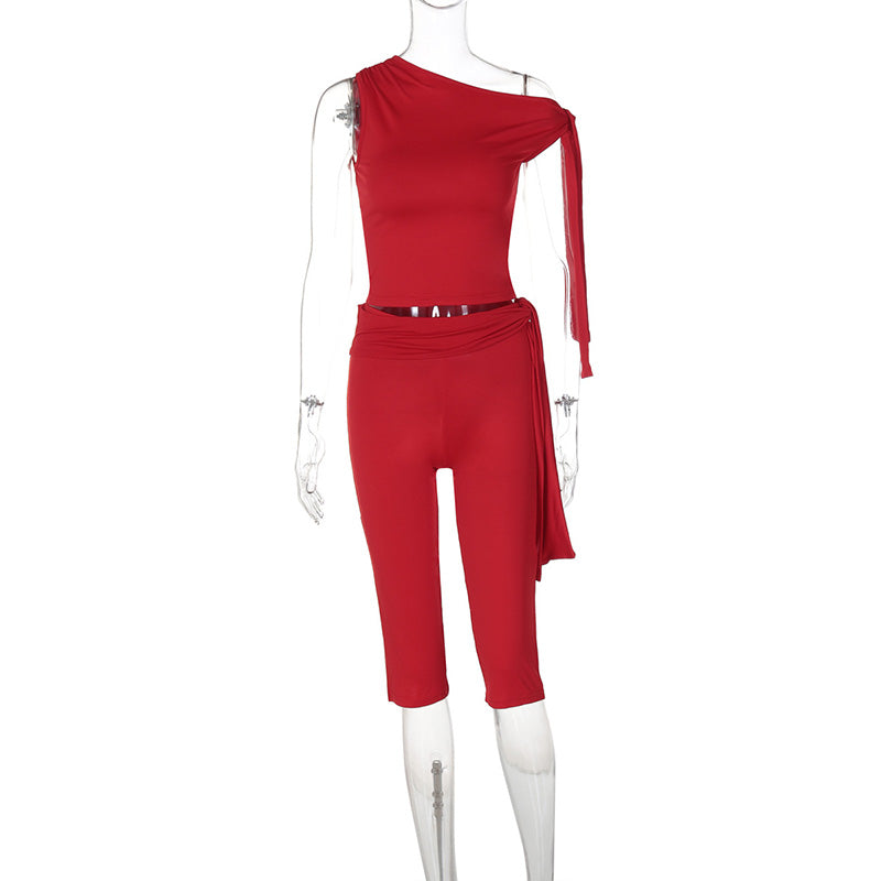 Women's Asymmetrical Knot Top & Capri Pants Set