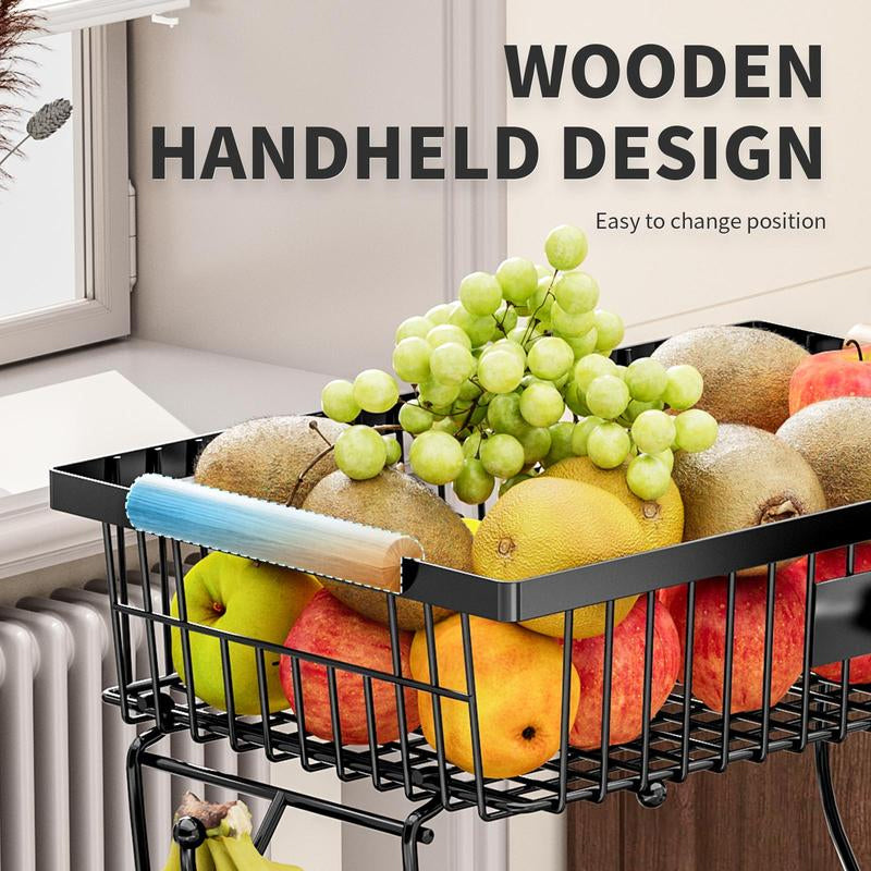 2-Tier Metal Fruit & Vegetable Storage Rack with Hooks