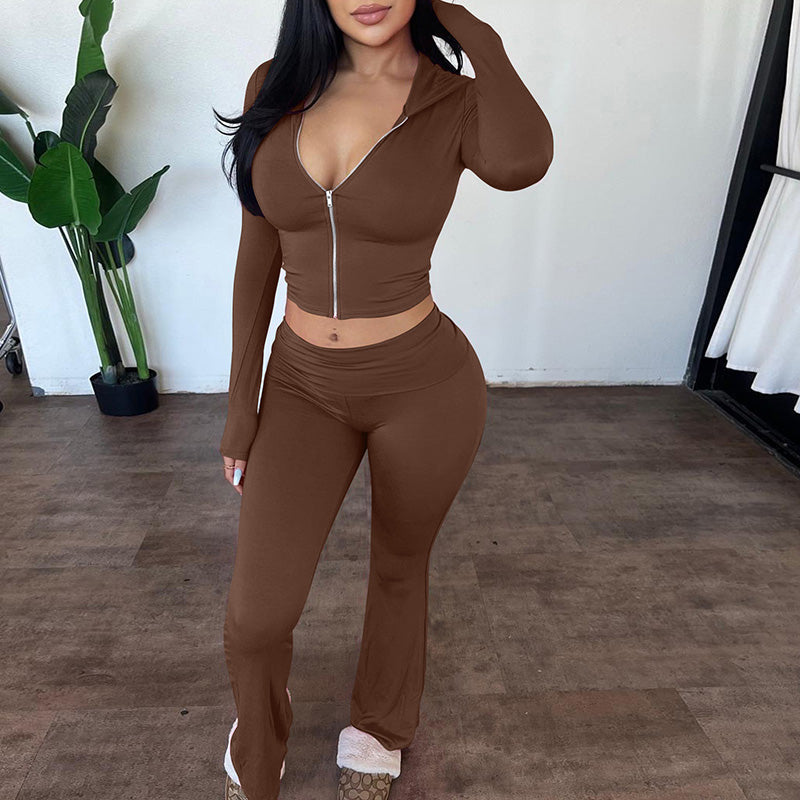 Zip Up Hooded Crop Top & High Waist Flare Leg Pants Set