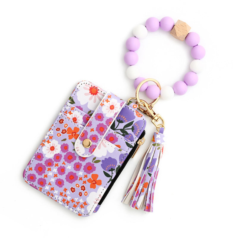 Floral leather small wallet with keychain and bracelet