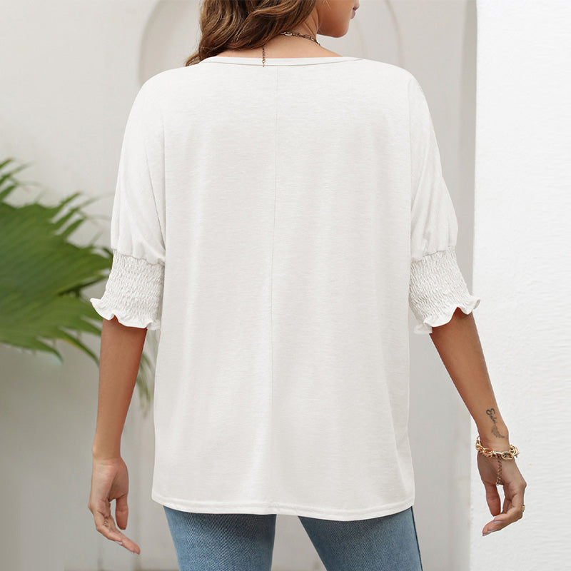 Women's Plain Frill Trim Shirred Bishop Sleeve Tee