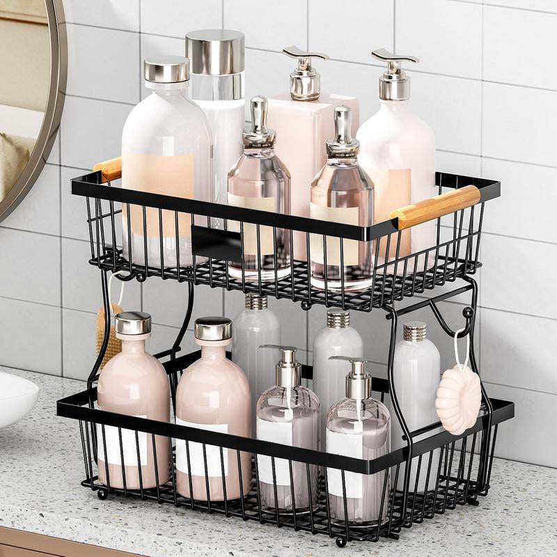 2-Tier Metal Fruit & Vegetable Storage Rack with Hooks