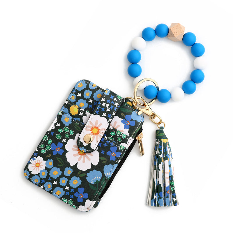 Floral leather small wallet with keychain and bracelet