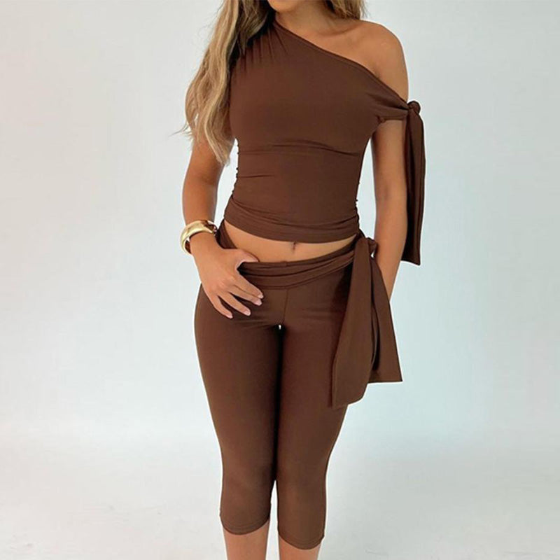 Women's Asymmetrical Knot Top & Capri Pants Set