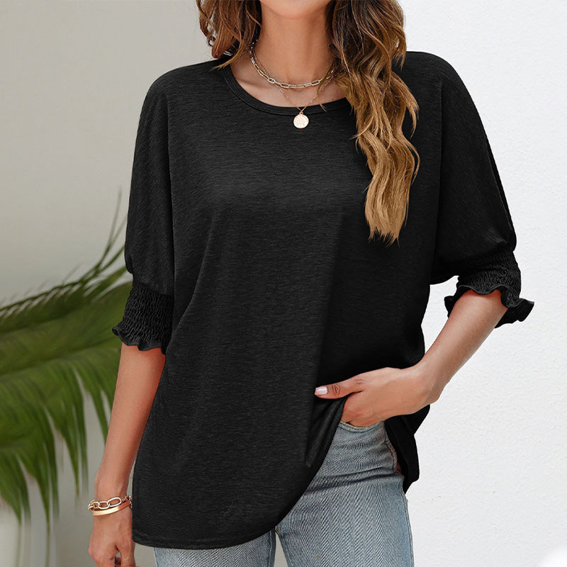 Women's Plain Frill Trim Shirred Bishop Sleeve Tee