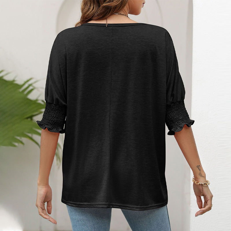 Women's Plain Frill Trim Shirred Bishop Sleeve Tee