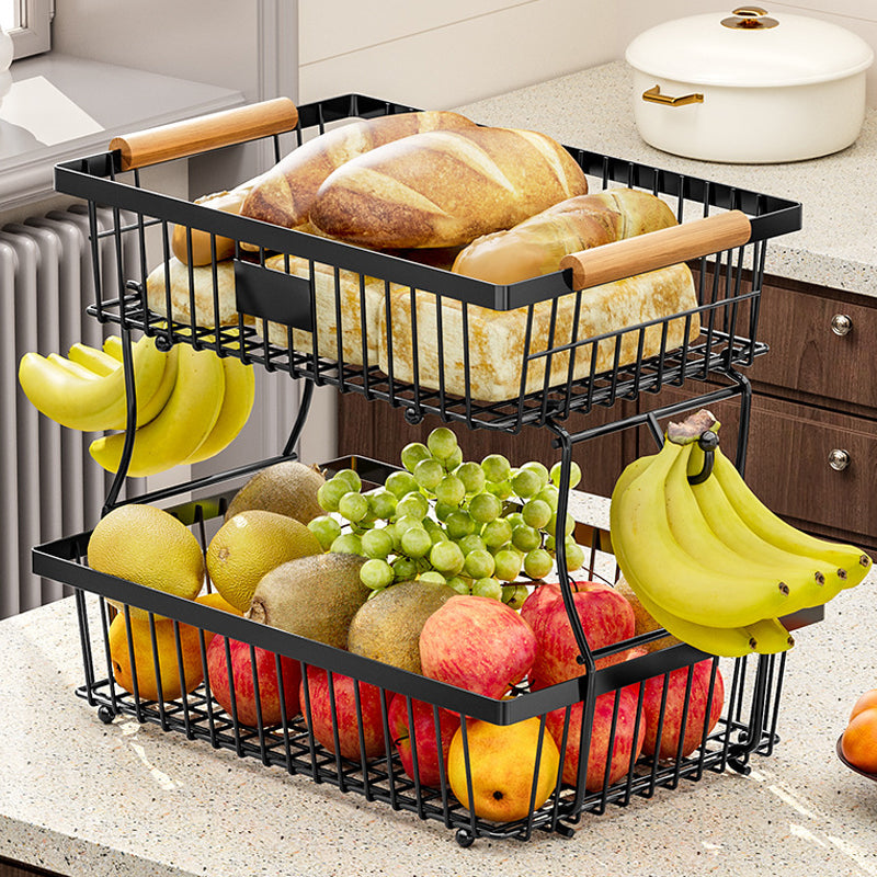 2-Tier Metal Fruit & Vegetable Storage Rack with Hooks