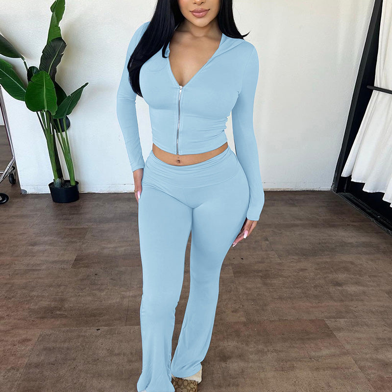 Zip Up Hooded Crop Top & High Waist Flare Leg Pants Set