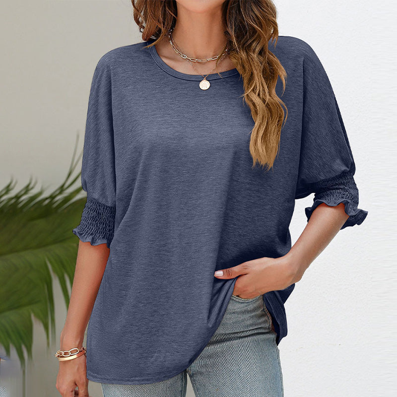 Women's Plain Frill Trim Shirred Bishop Sleeve Tee