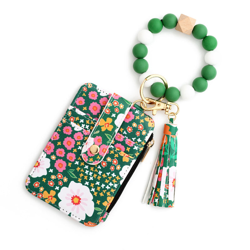 Floral leather small wallet with keychain and bracelet