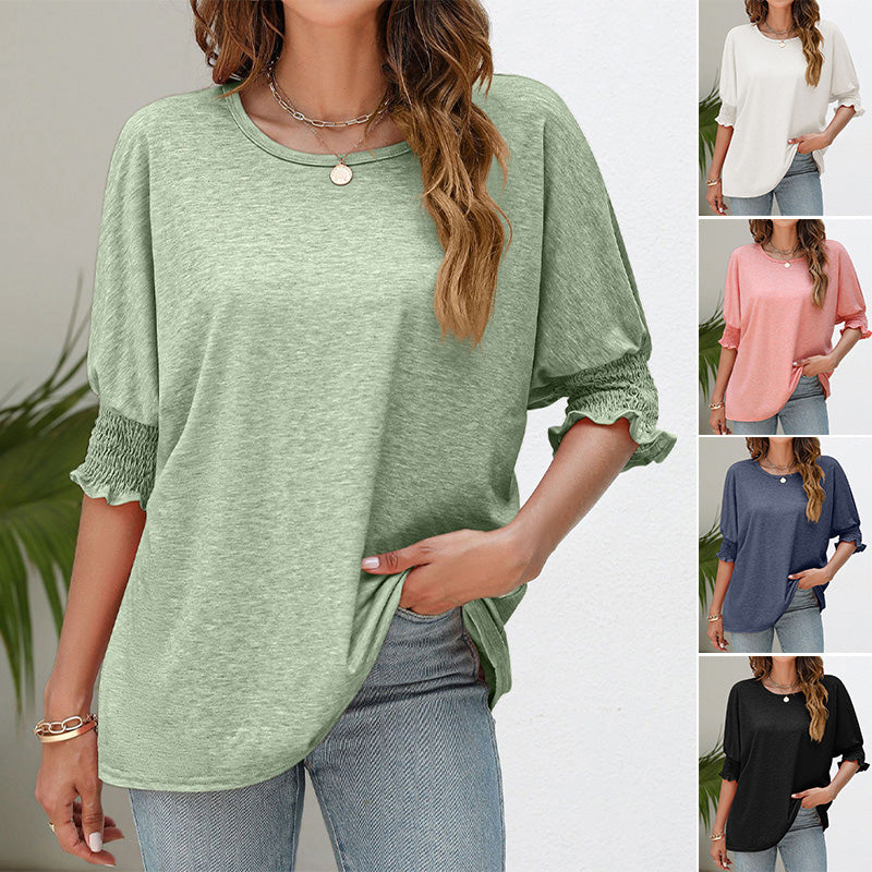 Women's Plain Frill Trim Shirred Bishop Sleeve Tee