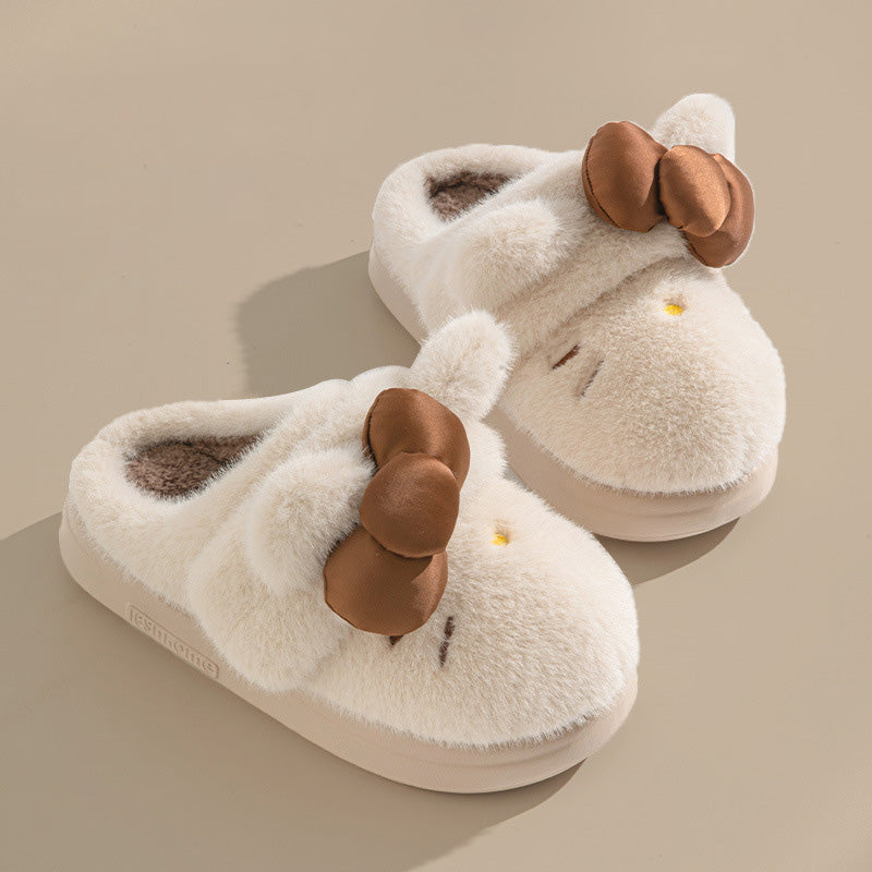 Cute Cartoon Embroidery Bow Decor Plush Slippers