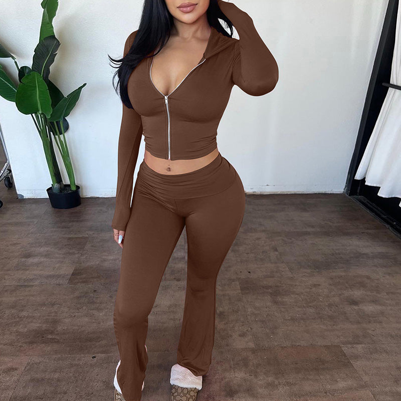 Zip Up Hooded Crop Top & High Waist Flare Leg Pants Set