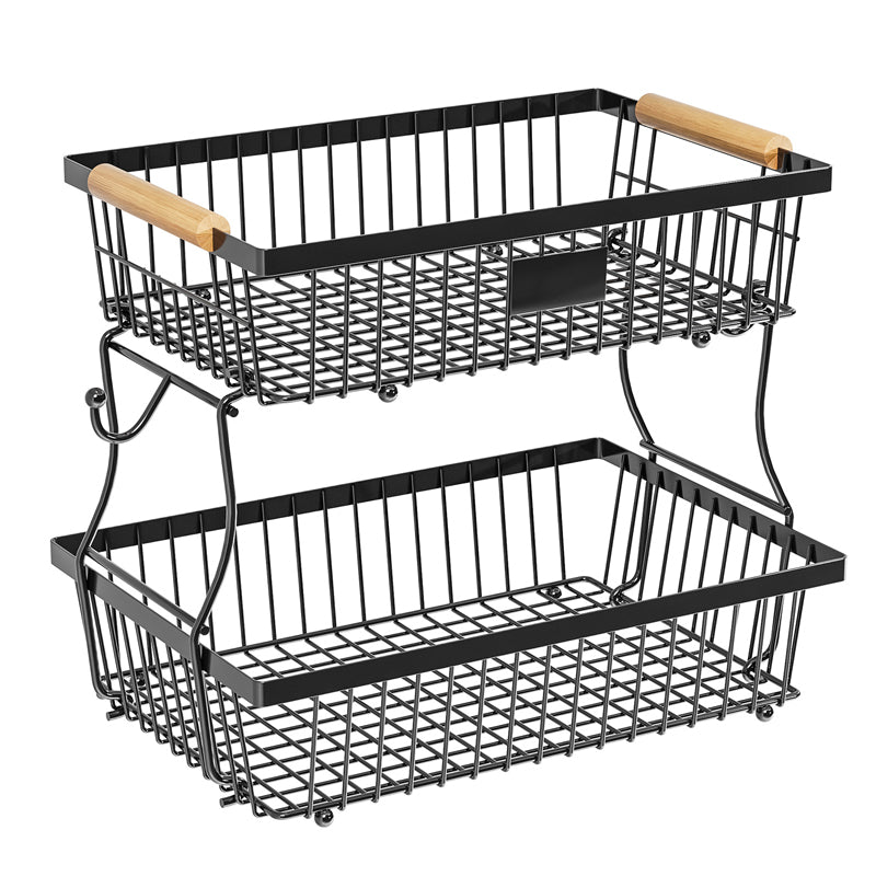 2-Tier Metal Fruit & Vegetable Storage Rack with Hooks