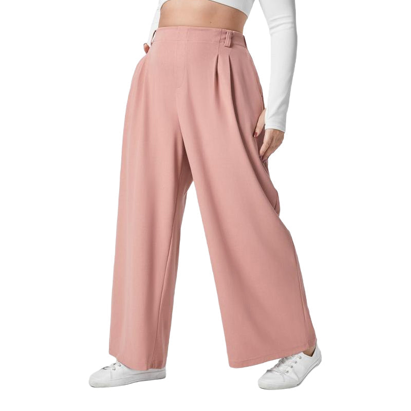 High Waisted Plicated Side Pocket Wide Leg Casual Pants