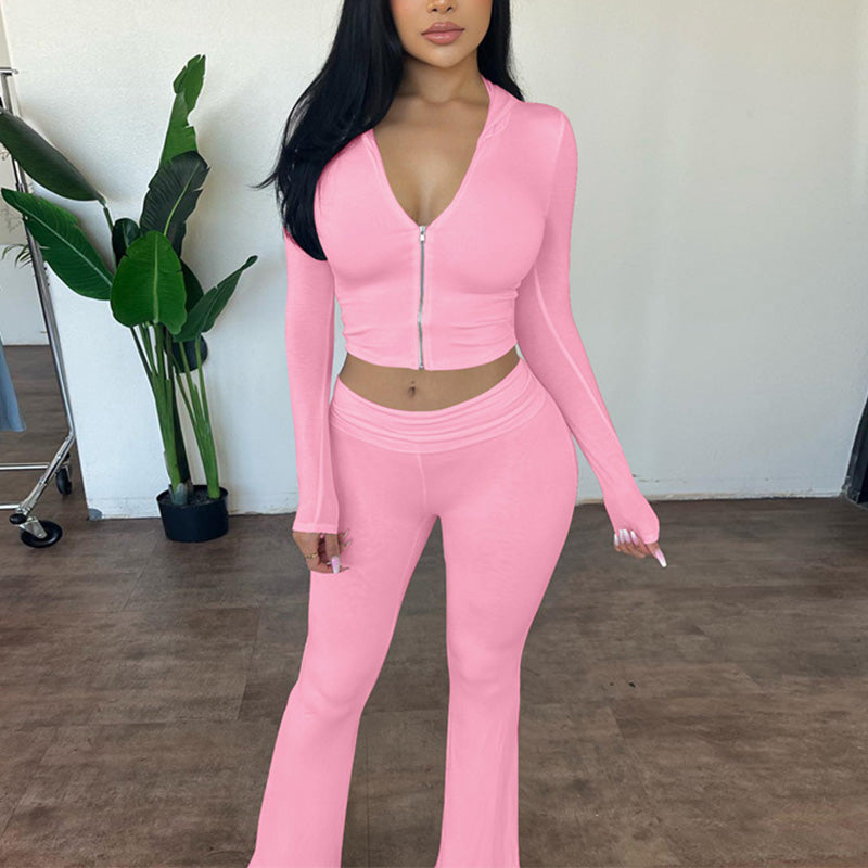 Zip Up Hooded Crop Top & High Waist Flare Leg Pants Set